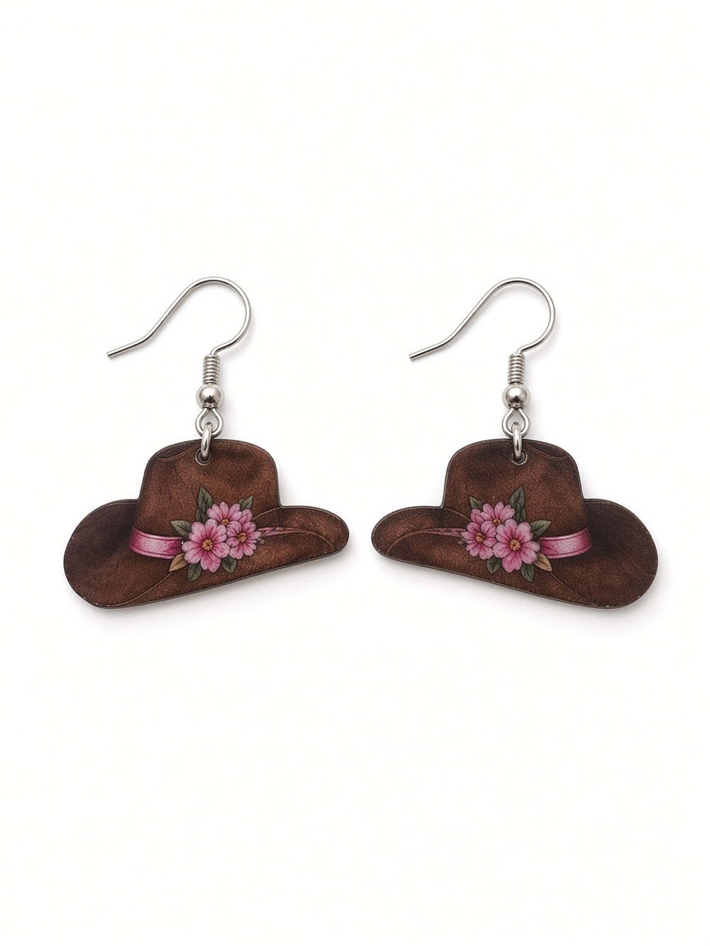 Brown cowgirl hat silver dangle earrings